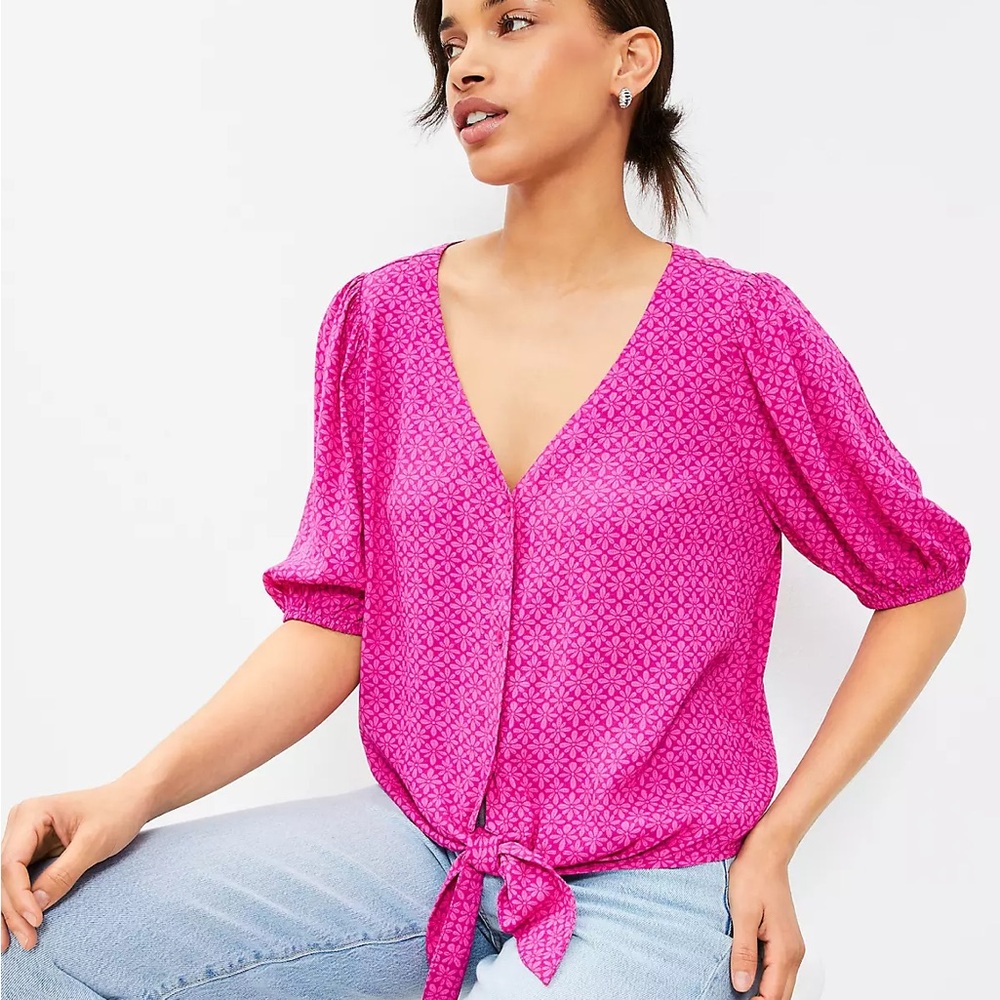 NWT  LOFT  Pink Floral Stamped Puff Sleeve Tie Front Blouse - XS